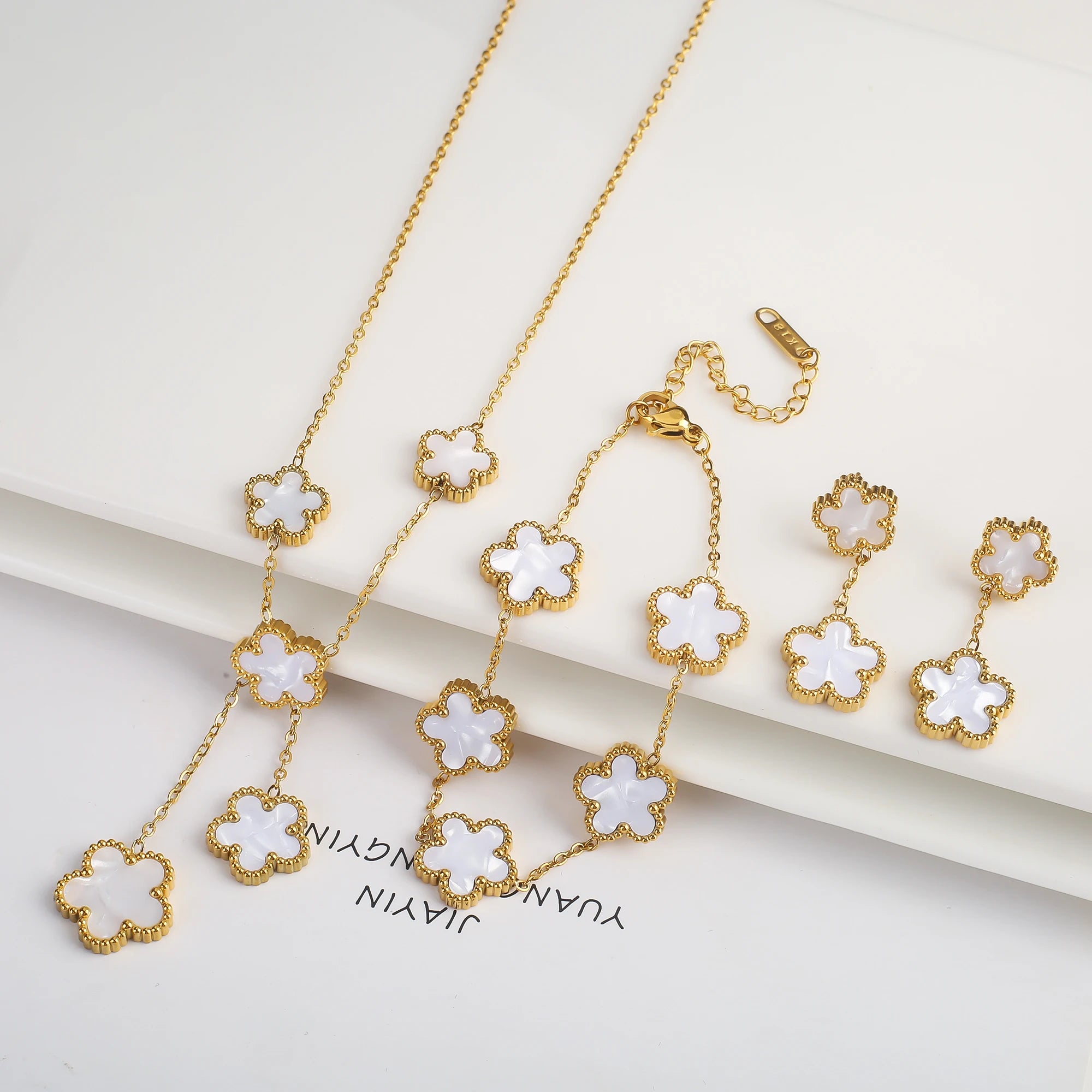 Clover Five Leaf Flower Stainless Steel Bracelet Necklace Earrings Jewelry Set Luxury for Women High Quality Party Jewelry Gift Qme 15