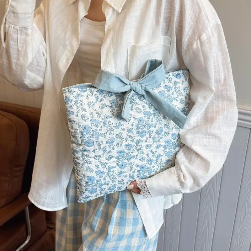 Women'S Floral Book Storage Bag With Bow Tie - Large Capacity Lightweight Cosmetic Organizer Quilted Design Qme