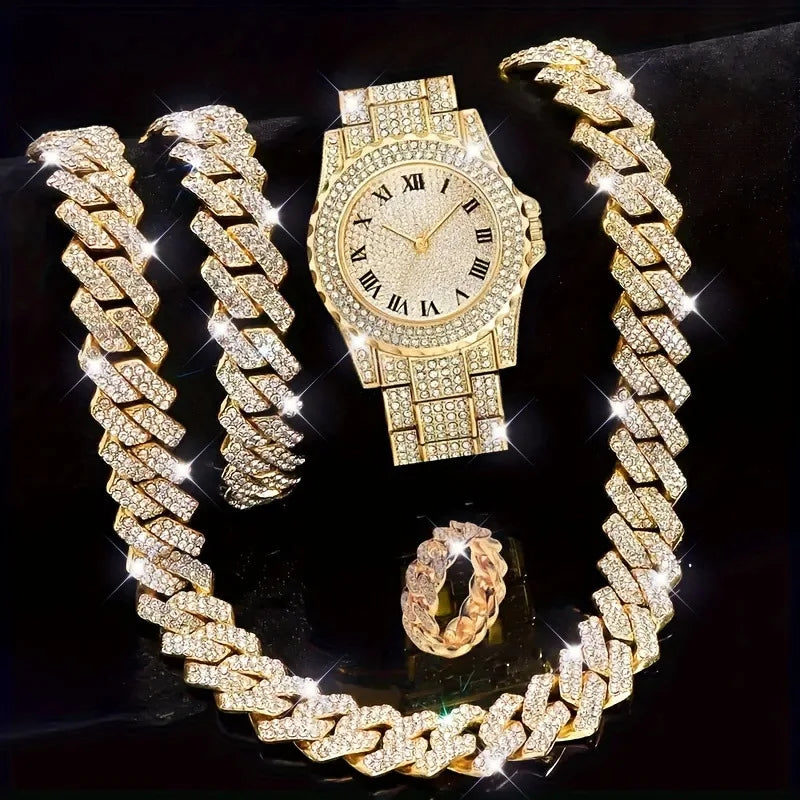 4pcs Men's Hip Hop Diamond Bracelet Set, Ring Set, Men's Watch Gift Set Qme Gold