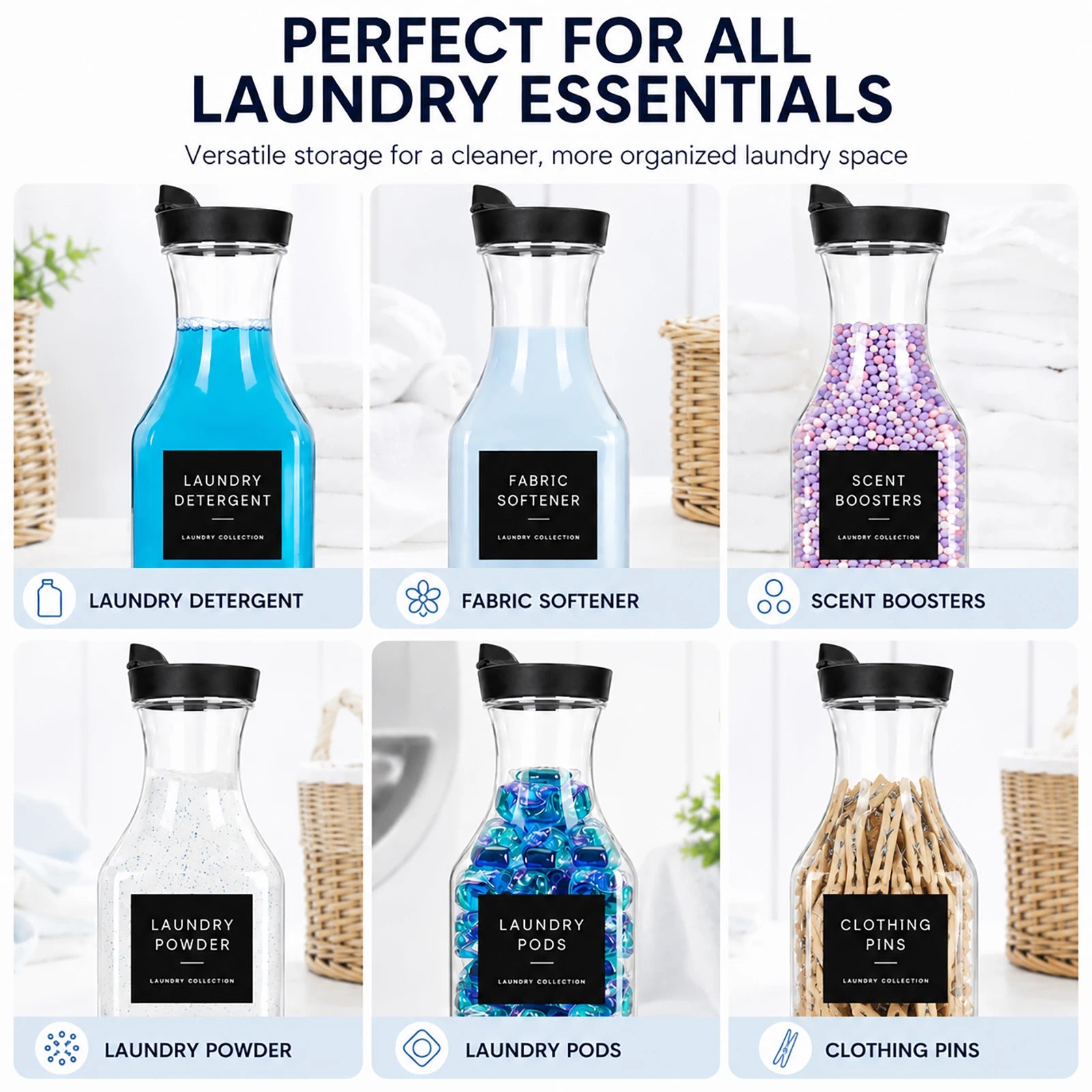 3Pack Clear Laundry Room Containers Laundry Soap Dispenser Bottle Set for Liquid Detergent Scent Boosters Softener Qme