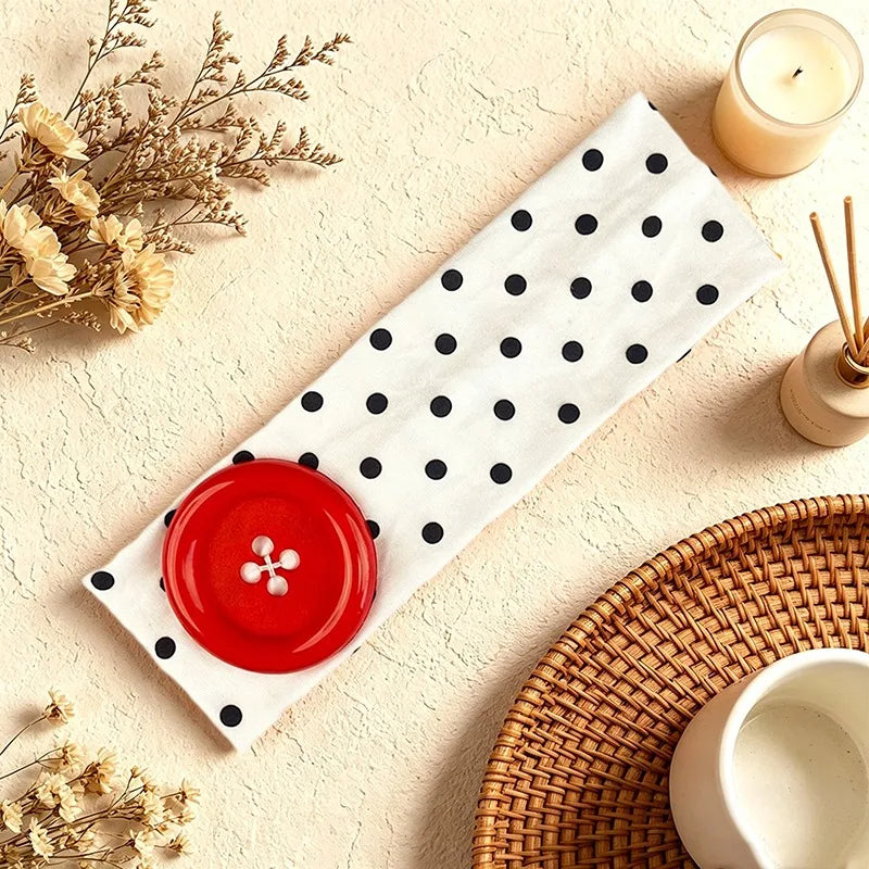 2026 Y2K Big Button Elastic Headband Sweet Cute Polka Dot Wide Yoga Hairband Dopamine Colorful Hair Accessories for Women Girls Qme White Blue