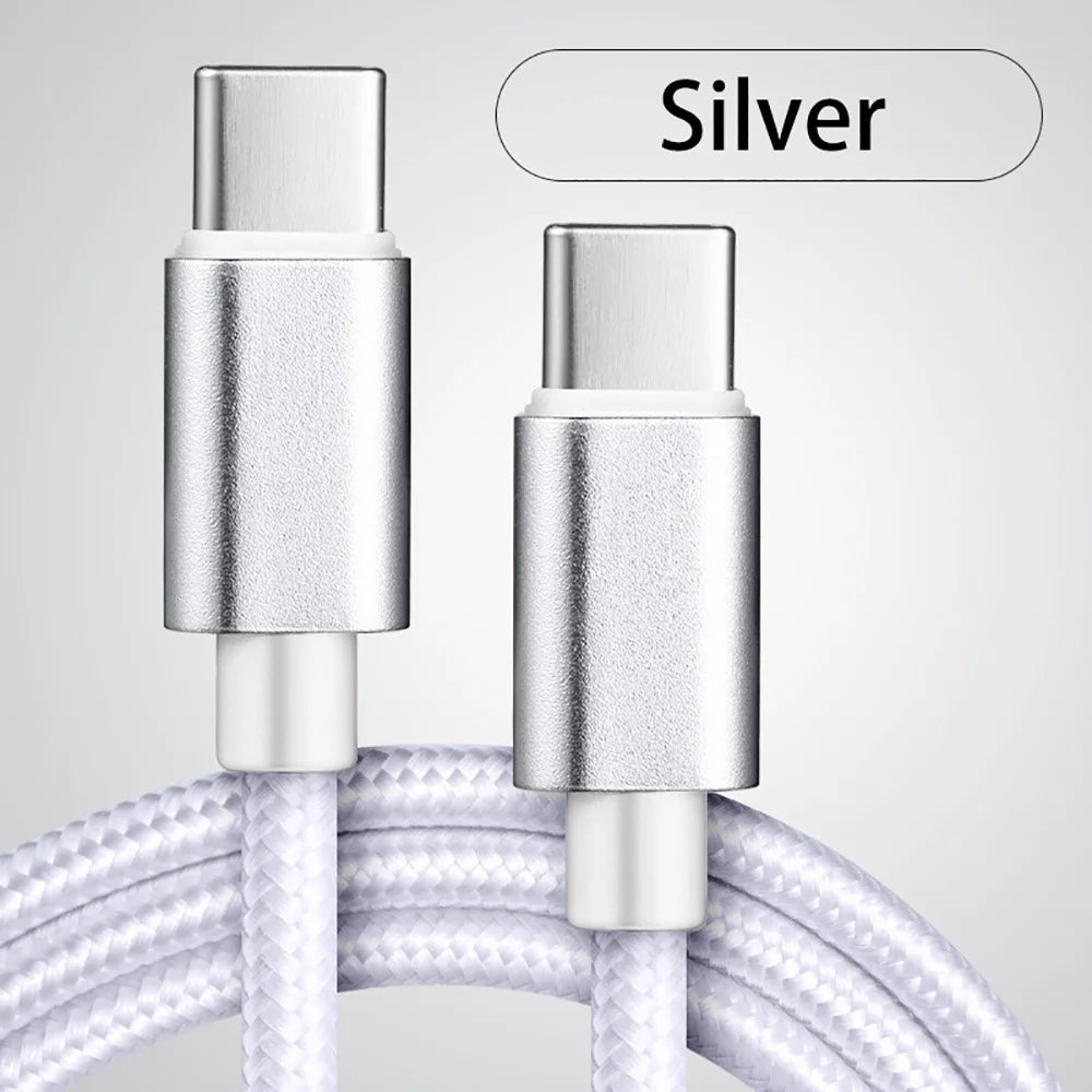 66W Nylon Braided USB Type C to Type C Fast Charging Cable 1/2/3m Quike Charging Data Wire For iPhone Samsung Xiaomi Data Line Qme Silver 3m