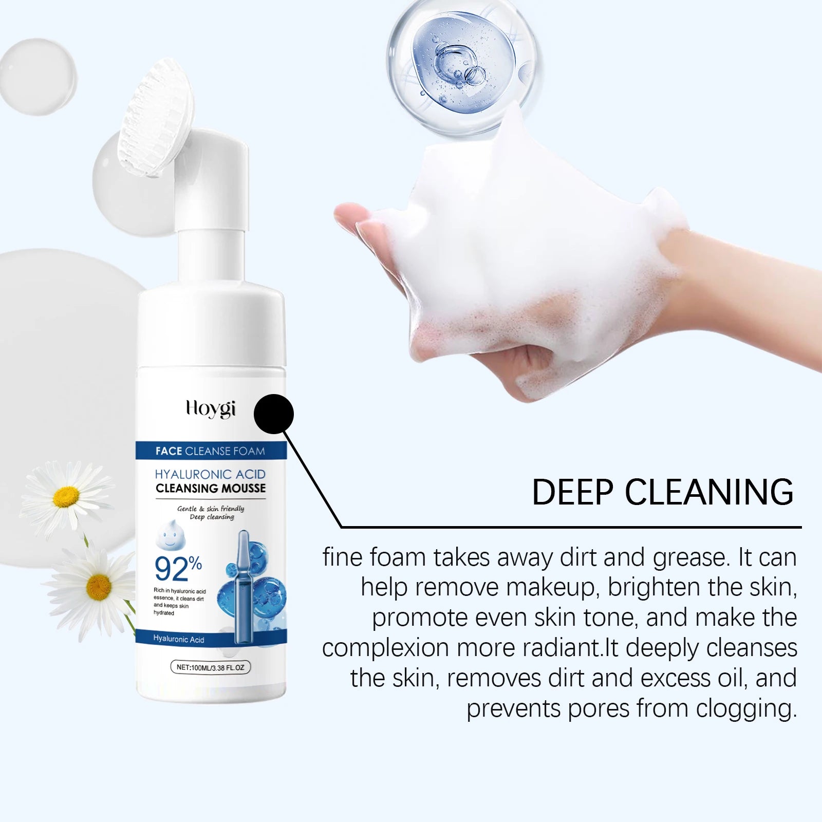 Hyaluronic Acid Cleansing Foam Gentle Moisturizing & Nourishing Oil Control Brightening Rejuvenation Face Wash Foam Face Cleanse Qme