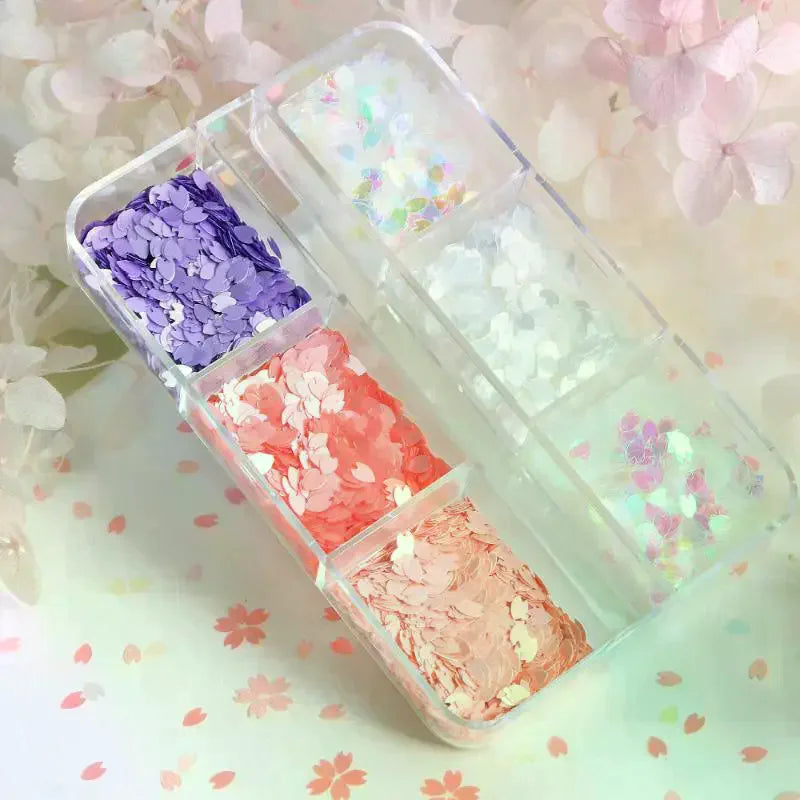 6 Grids Shining Flower Petal Chip Nail Sequins Cherry Blossoms Qme
