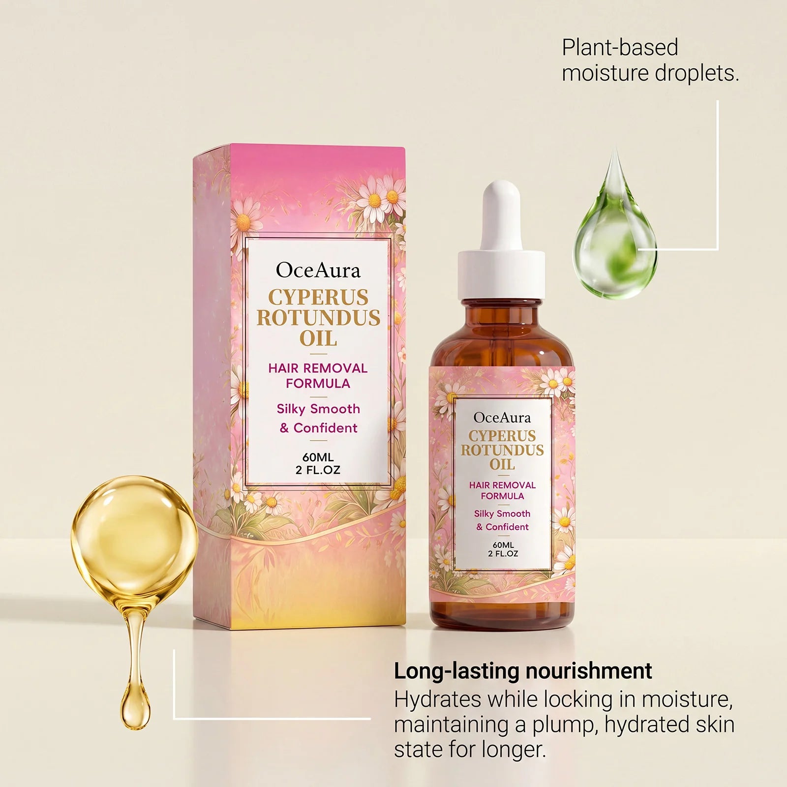 OceAura Cyperus Rotundus Hair Removal Oil Lightweight Non Greasy Gentle Soothing Moisturizing Silky Smooth Hair Reduction Oil Qme