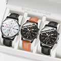 2026 3pcs men's three eye business casual trendy belt quartz watch high-end atmospheric watch Qme Brown