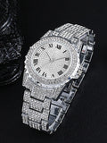 Star-studded stainless steel bracelet diamond-encrusted hip-hop men's watch with water crystal Roman numerals and date display Qme Silver