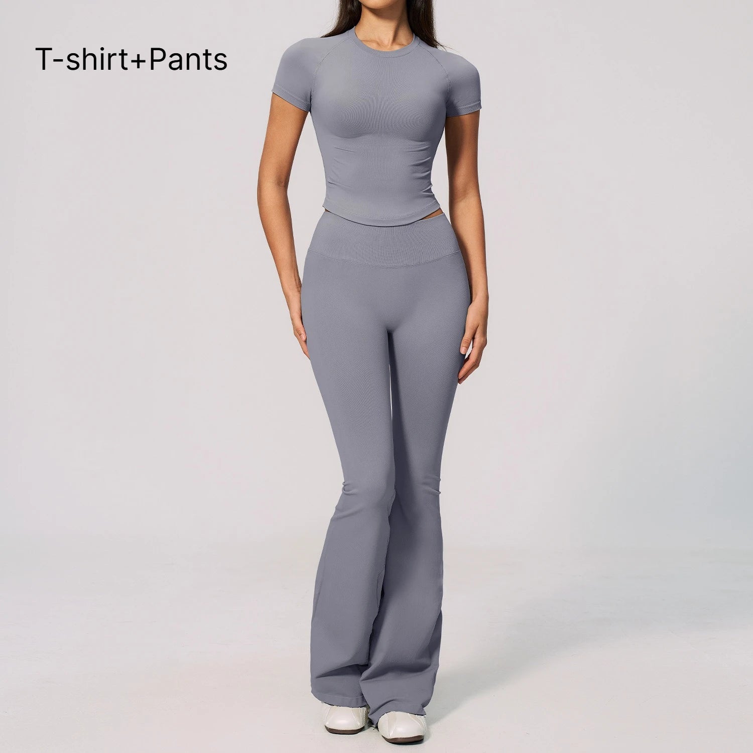 B New 2PCS Women Yoga Workout Suit, Short Sleeve Top with High Waist Flared Pants, Elastic Sportswear for Gym Cycling Fitness Qme 2pcs Grey XL