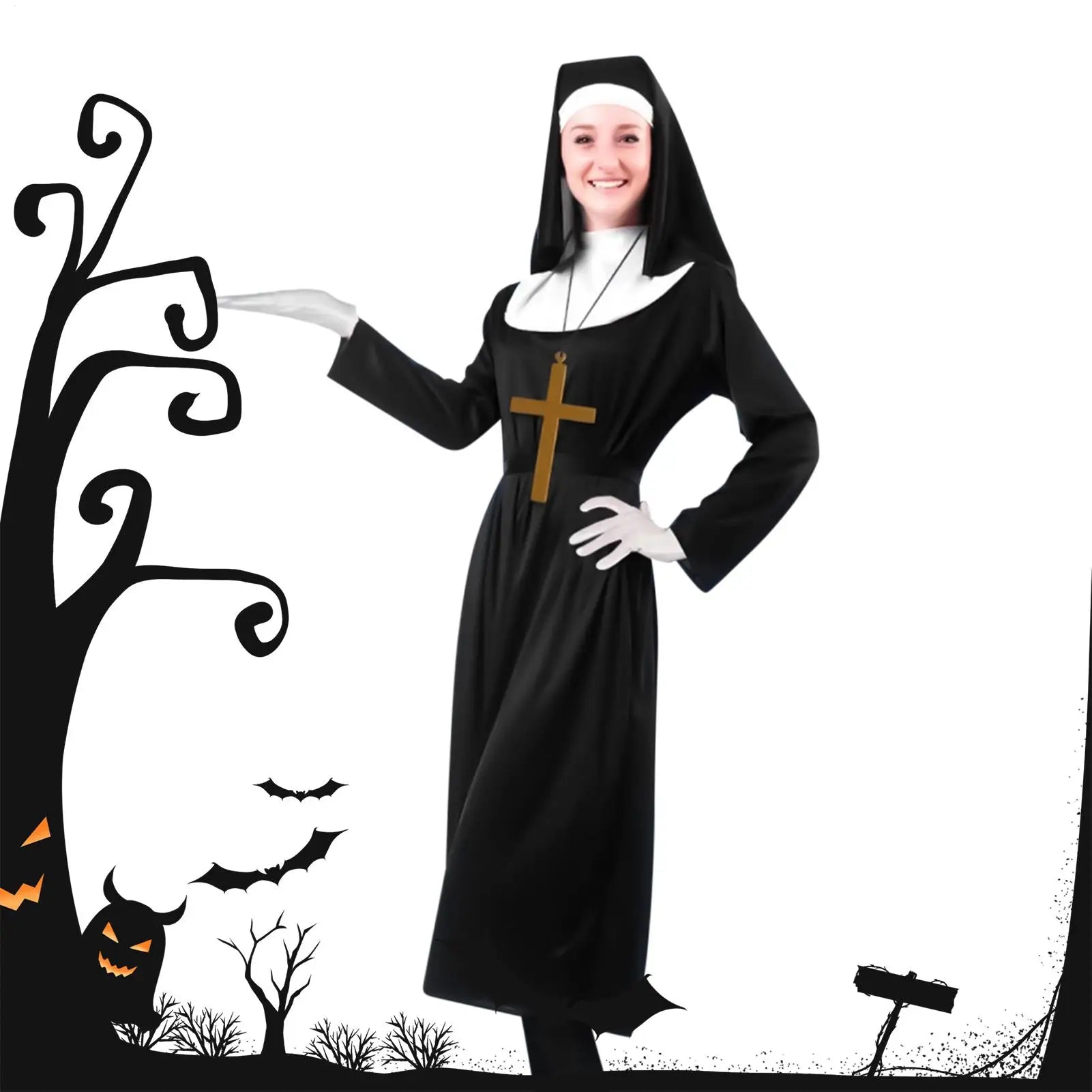 Nun Costume Cross Pendant Necklace Headpiece Costume Nun Headpiece Set for Women Adults Halloween Party Church Event Religious Qme