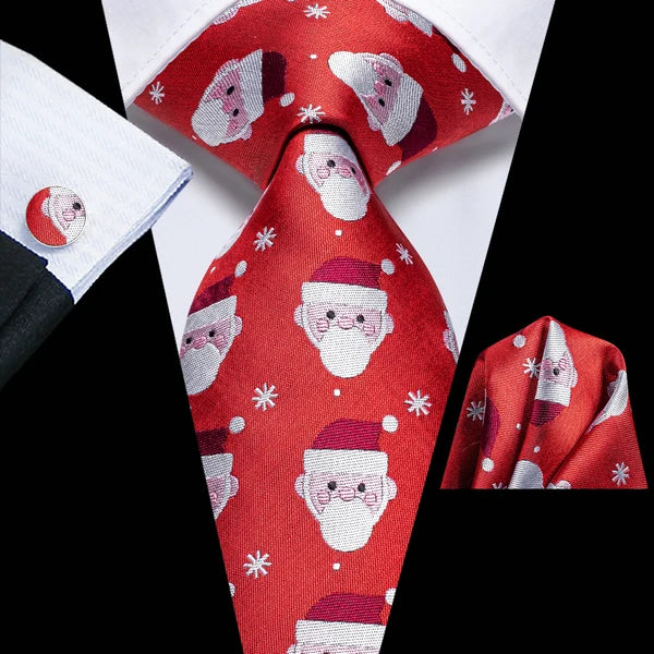 Christmas Red Tie Set 3 Pieces Men Necktie Pocket Square Cufflinks Xmas Wedding Party Suit Accessories Gifts for silk Boyfriend Qme LDSN3743