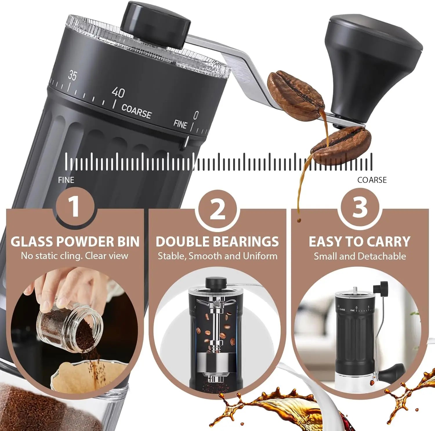 Adjustable Manual Coffee Grinder Hand Crank Coffee Bean Mill Portable Tool for Home Kitchen Camping Trip Qme