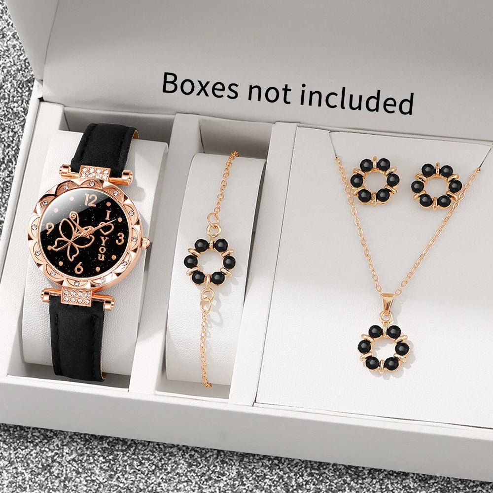 Women's watch with minimalist elements dialing quartz watch latex belt jewelry set for girls' gift Qme