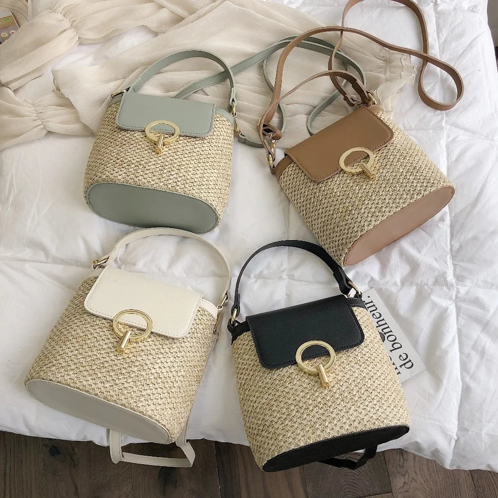 Small Straw Bucket Bags Women Summer Crossbody Lady Travel Purses Qme