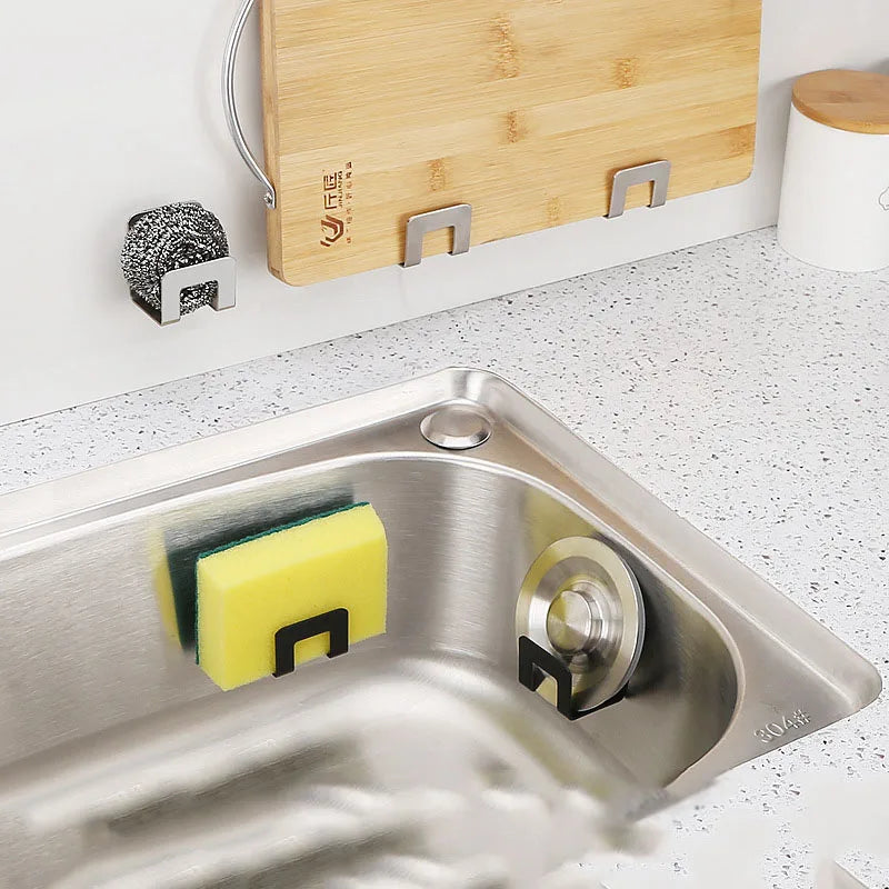 Stainless Steel Sink Tray Drainer Rack Kitchen Sink Sponge Holders Self Adhesive Hook Storage Holder Kitchen Wire Rag Organizer Qme
