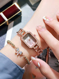 2-piece set of women's watches, women's styles, simple and fashionable, starry sky, diamond studded square watch set Qme Rose No