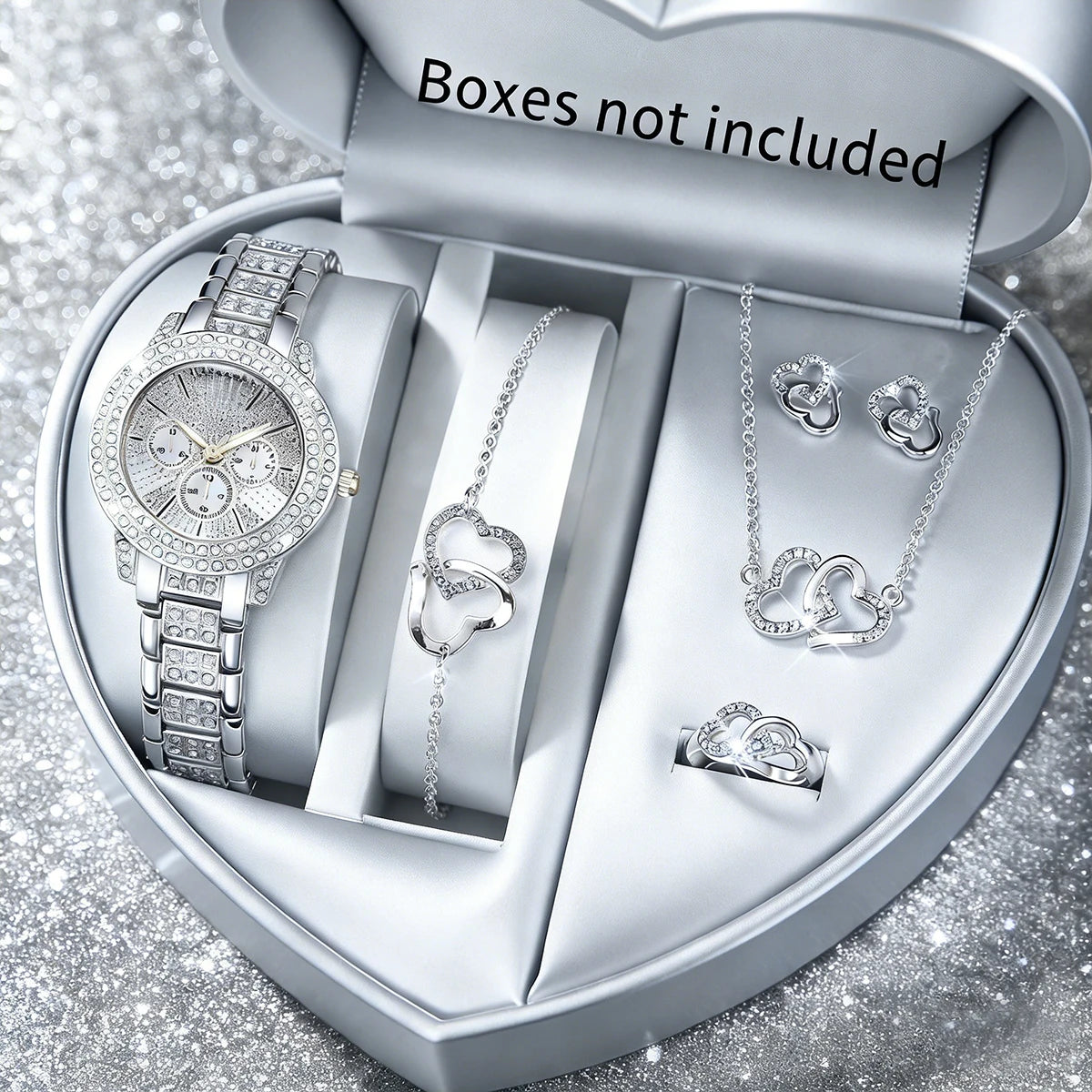 Luxury 5 In 1 Full Crystal Gold Watch Interlocking Heart Necklace Earrings Ring Bracelet Set Qme Silver A No Box