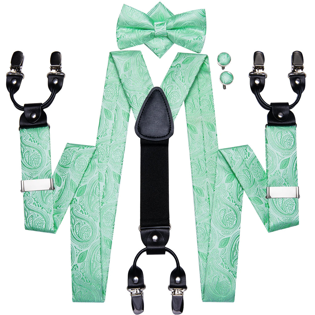 Hi-Tie Silk Men's Suspender Metal 6 Clips on Braces Bow Tie Hankerchief Cufflinks Male Wedding Party Business Vintage Adjustable Qme