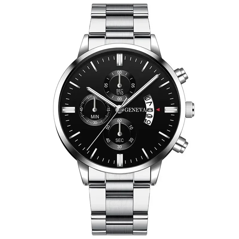 Fashion Mens Watches Luxury Silver Stainless Steel Quartz Wrist Watch Man Business Watch for Men Calendar Clock Reloj Hombre Qme Silver Black