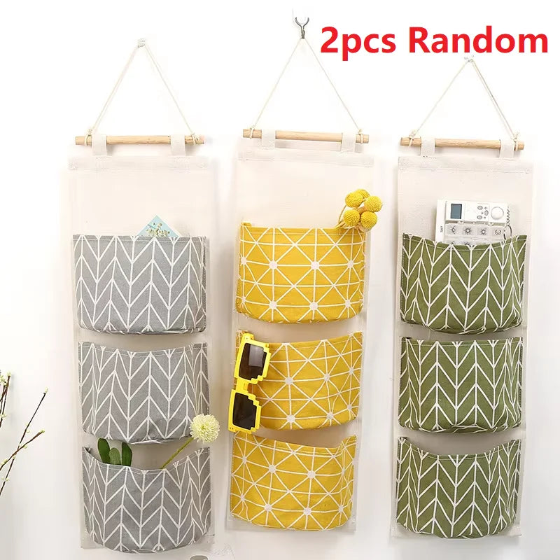 Three Pockets Hanging Wall Storage Bag Household Bedroom Living Room Kitchen Cotton Linen Storage Bag Qme 2PCS Random