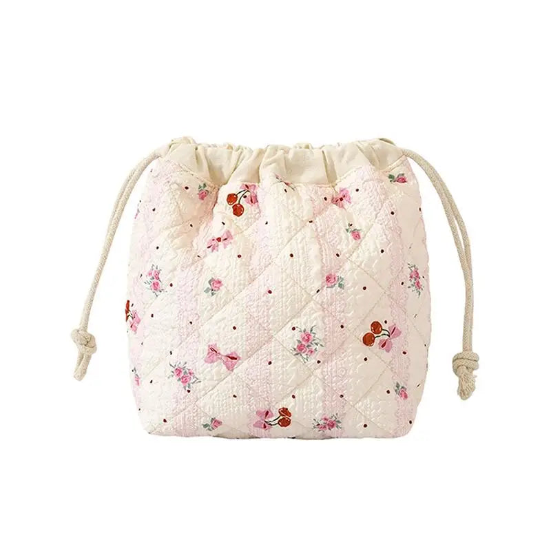 Cute Drawstring Cosmetic Pouch with Pink Bow Pattern – Durable Quilted Design for Women Qme StyleD
