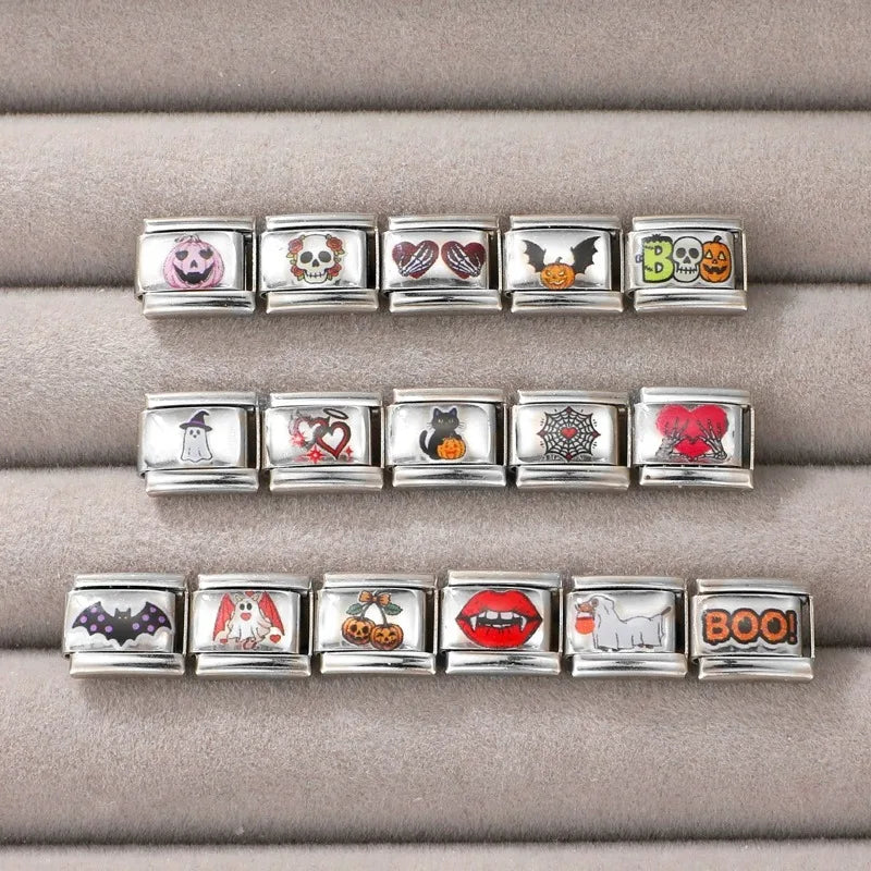 New 2026 Design Halloween Cherry Bow Pumpkins Ghost Italian Charm Links Fit 9MM Stainless Steel Bracelet Jewelry DIY Making Gift Qme