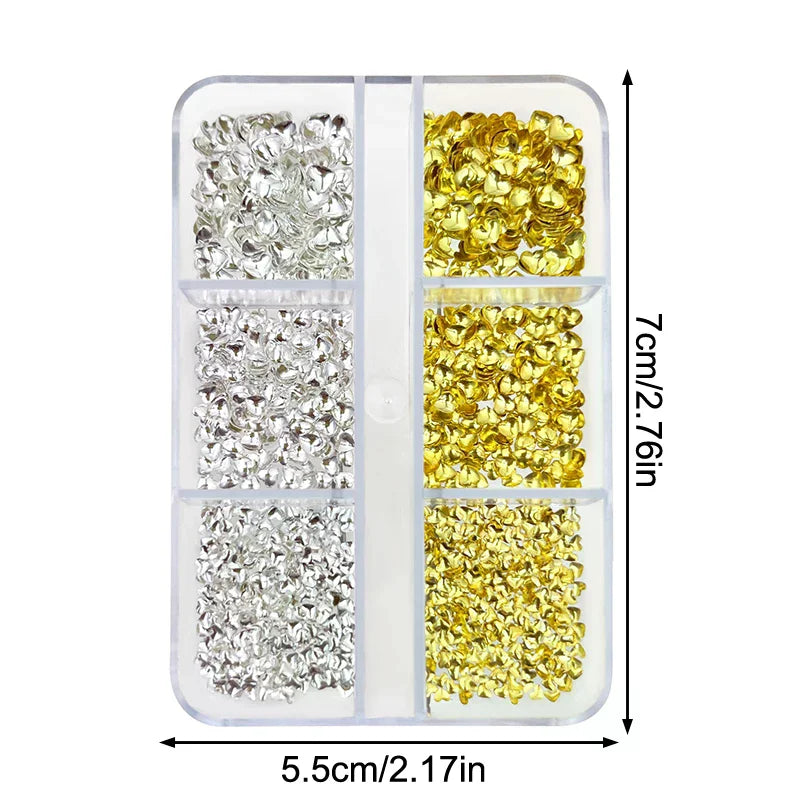 6Grids 3D Metal Heart Nail Art Charms Gold Silver Starlight Rivets Qme