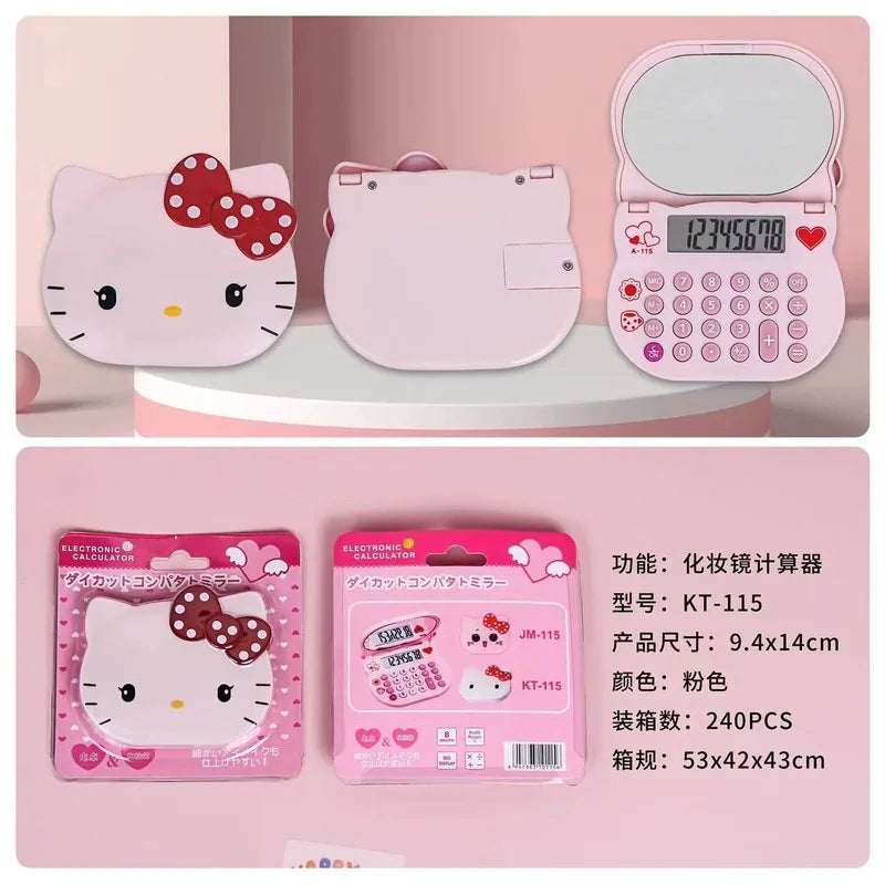 Hello Kitty Cartoon Calculator Cute and Portable Flip-Top Mirror Calculator Small Mini Makeup Mirror Qme