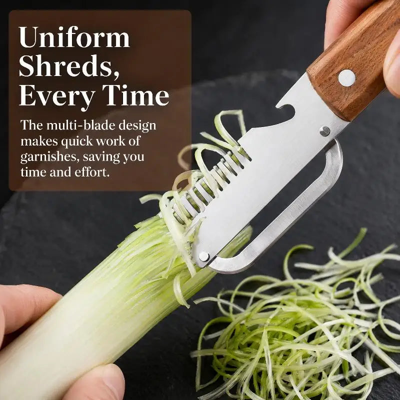 3-in-1 Stainless Steel Serrated Vegetable Peeler Wooden Handle Slicer Qme