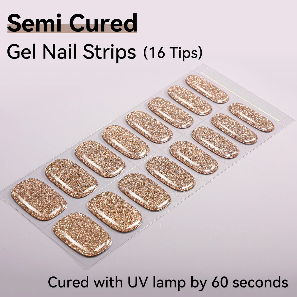 16Tips Semi-cured Gel Nail Sticker Colorful French Glitter UV LED Qme NF250028