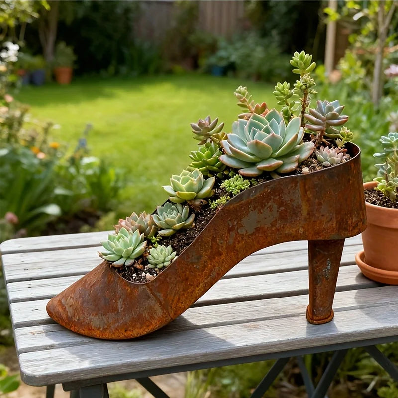 Rusty High Heel Flower Pot Retro Shoe Planter Decorative for Indoor Outdoor Garden Succulent Office Plants Home Decor Qme