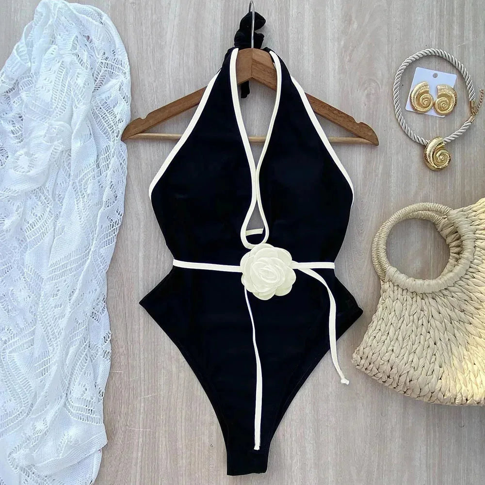 Floral One Piece Swimsuit 2025 New Halter Bandage Swimwear Women Swimsuit Bathing Suit Beachwear Monokini Female Swimming Suits Qme WD1730D1 XL