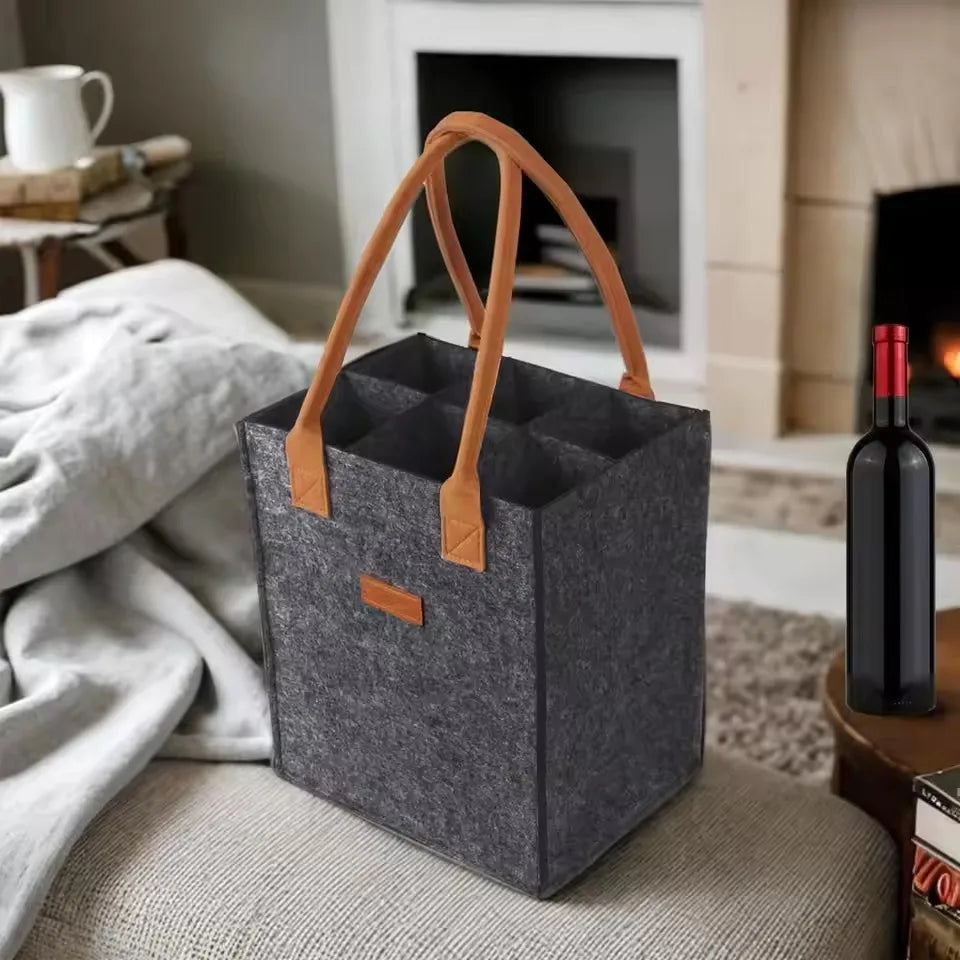 6 Bottle Wine Carrier with Divider Felt Wine Storage Tote Bag Portable Wine Gift Bag Red Wine Storage Box with Handle Qme Dark grey 23X16X26cm