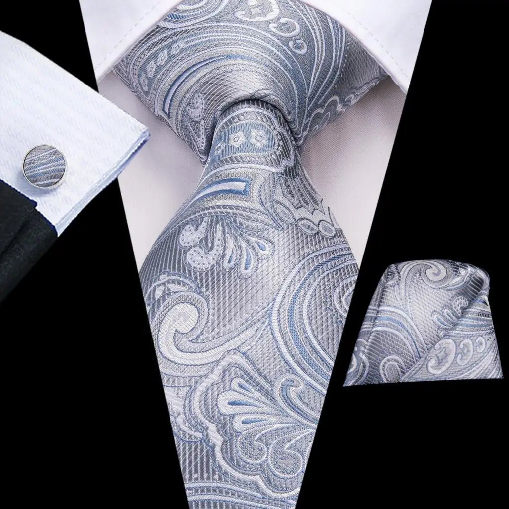 Hi-tie Smoke Grey Tie Men Elegant Mens Necktie Pocket Square Cufflink