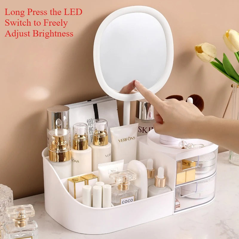 Makeup Storage Box With Mirror Desktop Dressing Table Makeup Mirror Cosmetics Jewelry Storage Box Touch Light Storage Organizer Qme