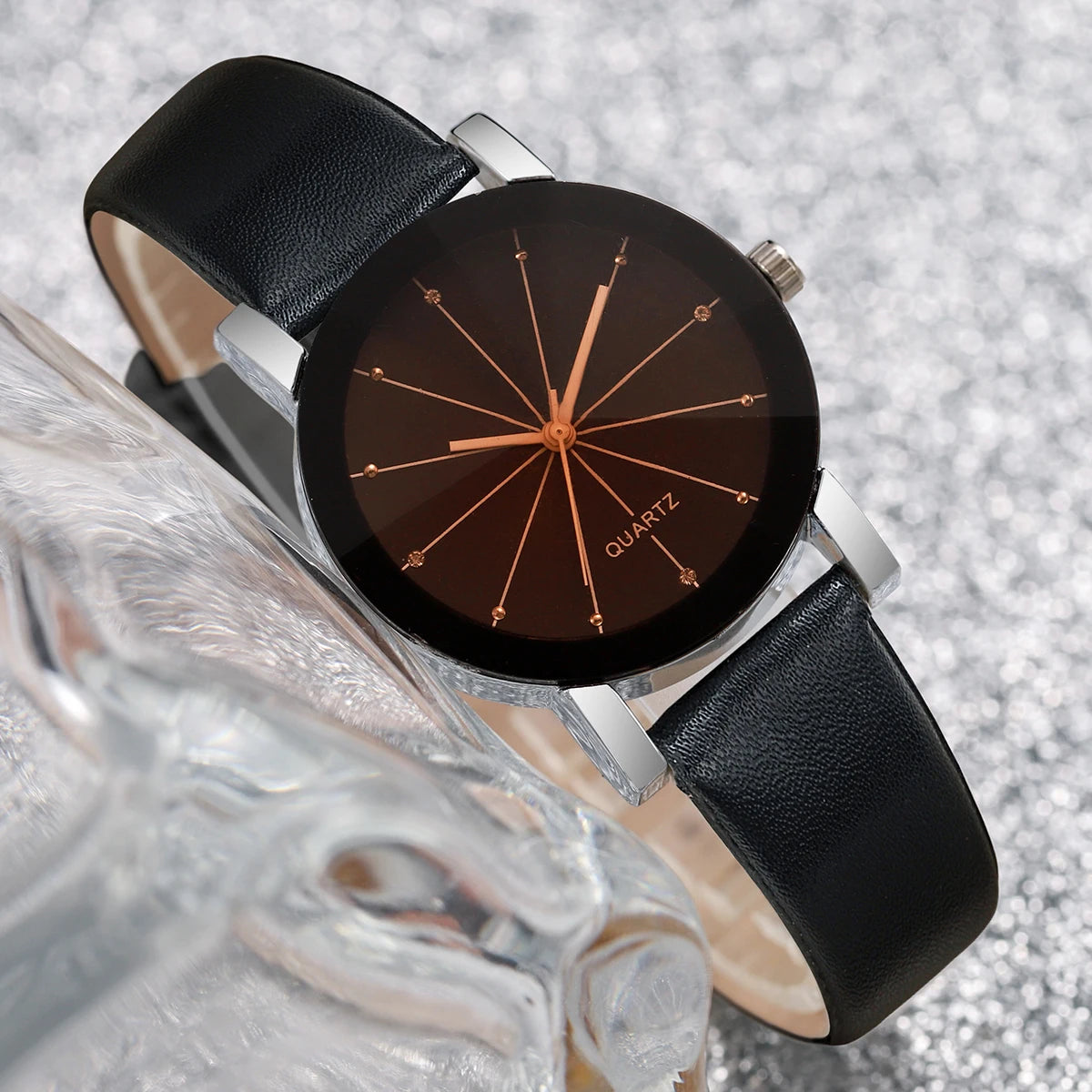Relógio de quartzo com strass feminino, pulseira de couro casual, relógios de pulso sem caixa, relógios fashion, 2 peças Qme