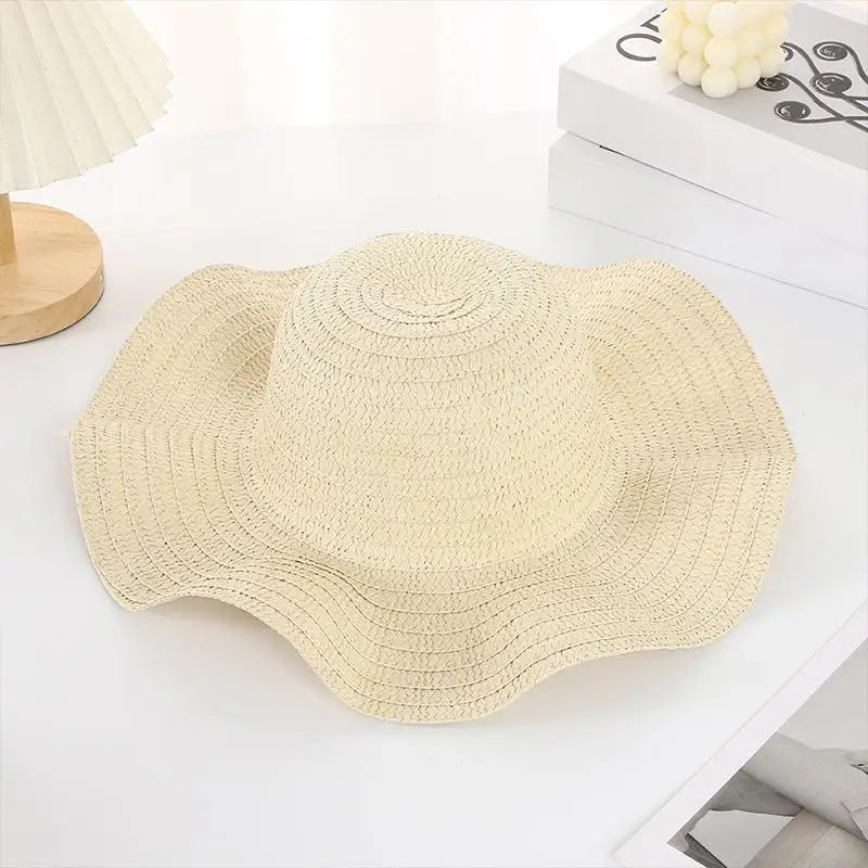 Summer Beach Wavy Edge Wide Brim Straw Hat Seaside Vacation Women Qme Beige