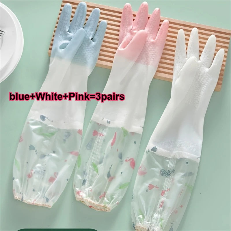 Long Sleeve Rubber Gloves, Reusable Dishwashing Gloves,Kitchen Oven Pet Cleaning Gloves,Kitchen,Kitchen Items,Cleaning, Kitchen Qme Mix color 3Pairs