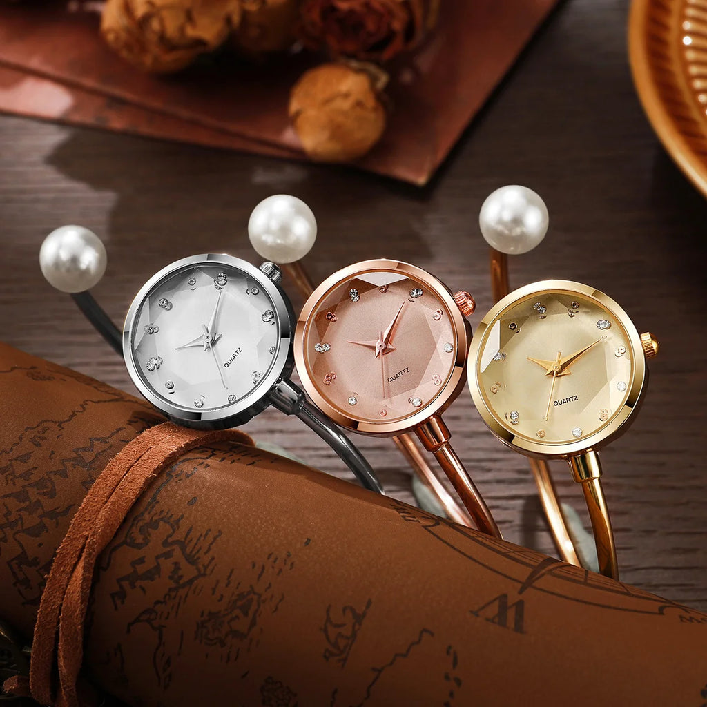 3Pcs/Set Women's Gold Jewelry Watch Set, Quartz Bangle Watch + Rose Bracelet + Pearl Earrings, Elegant Style Qme