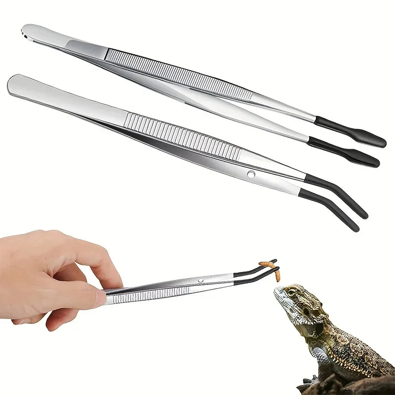 Stainless Steel Reptile Feeding Tongs Rubber Tip 10 6 Flat Curved Qme