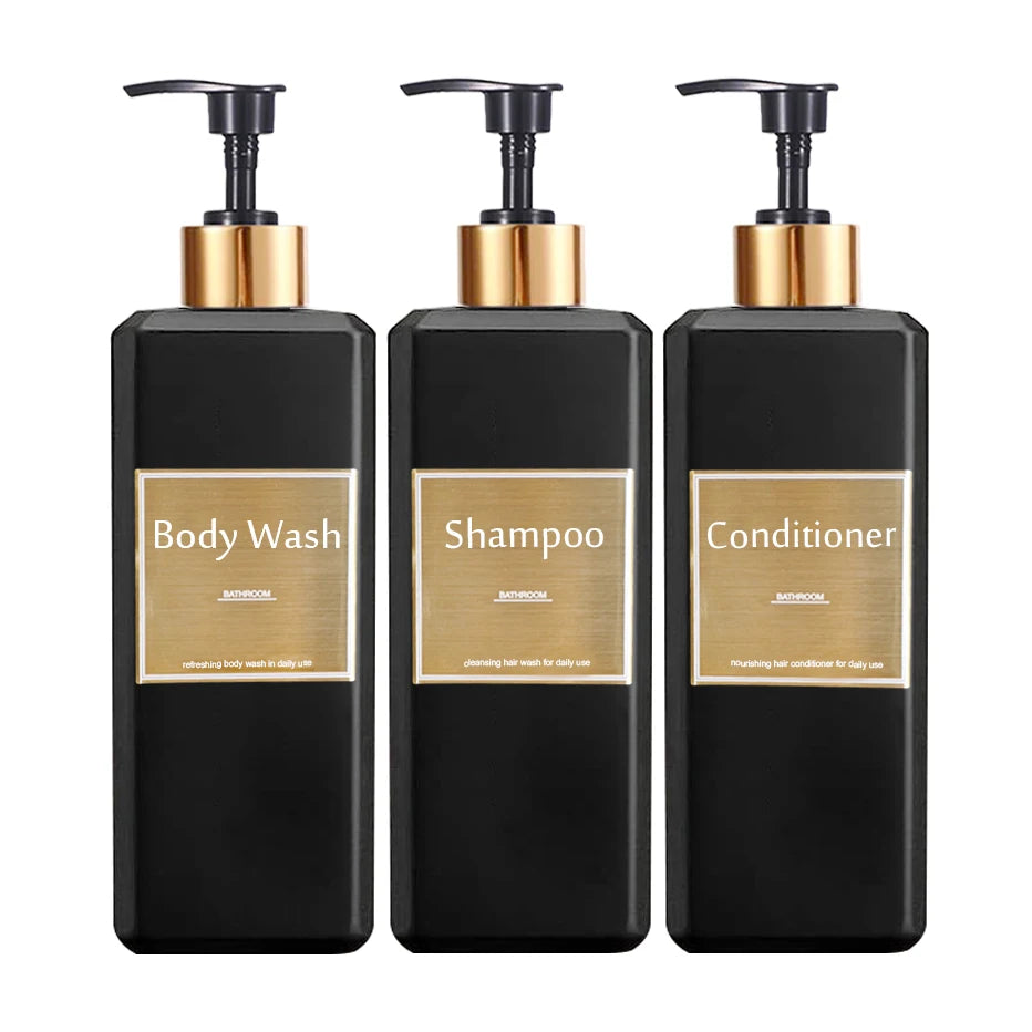 500ml/16.9oz Shampoo Dispenser Press Pump Bottle with Gold Waterproof Labels Bathroom Shampoo Conditioner Body Wash Bottles Qme black
