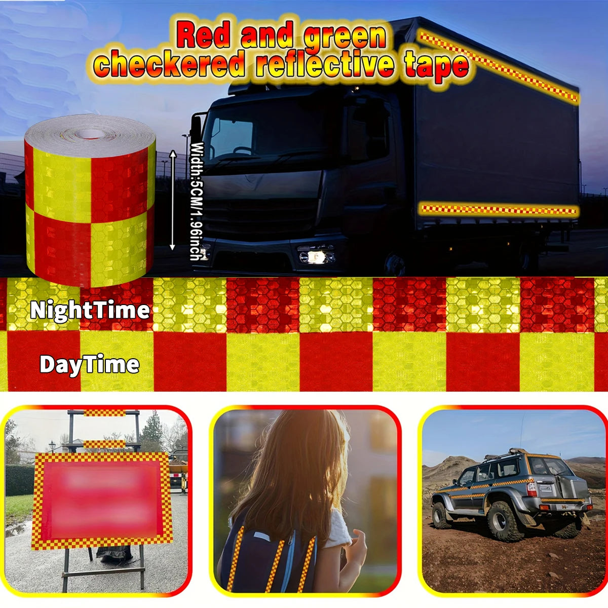 Reflective Sticker Square Grid Checkered Pattern Reflector Tape Red Yellow Fluorescent White Reflect Film For Truck Car Road Qme Red and green 5m 5cm