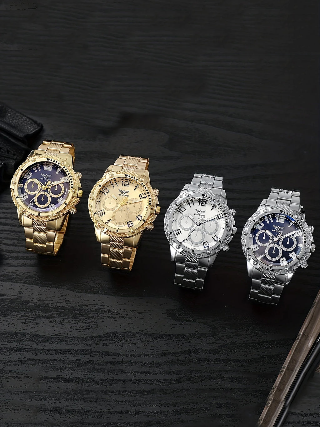 4pcs Men's new fashionable luxury business round fake three eye large dial quartz watch Qme Other