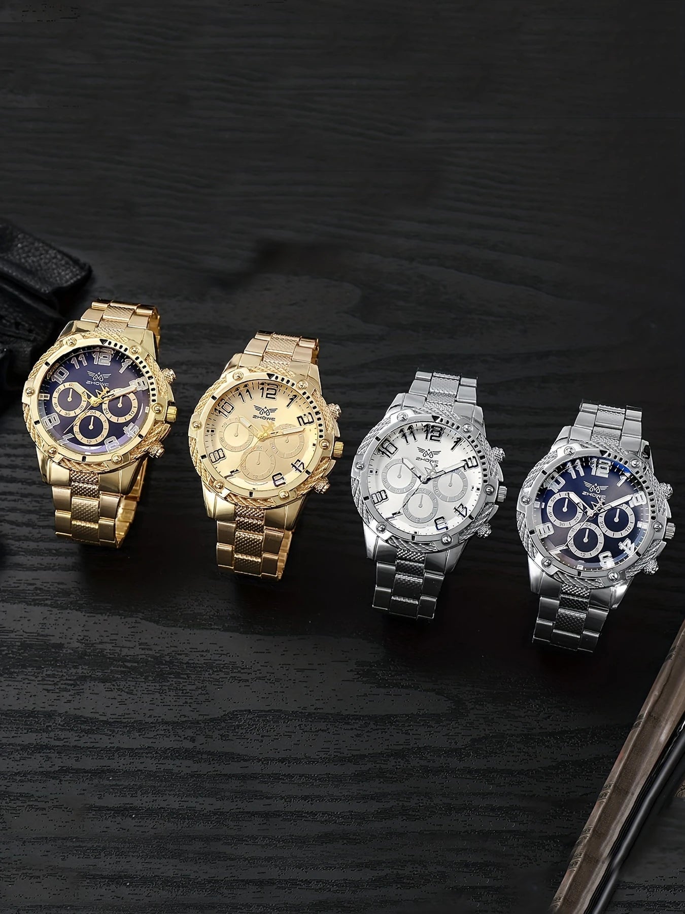 4pcs Men's new fashionable luxury business round fake three eye large dial quartz watch Qme Other