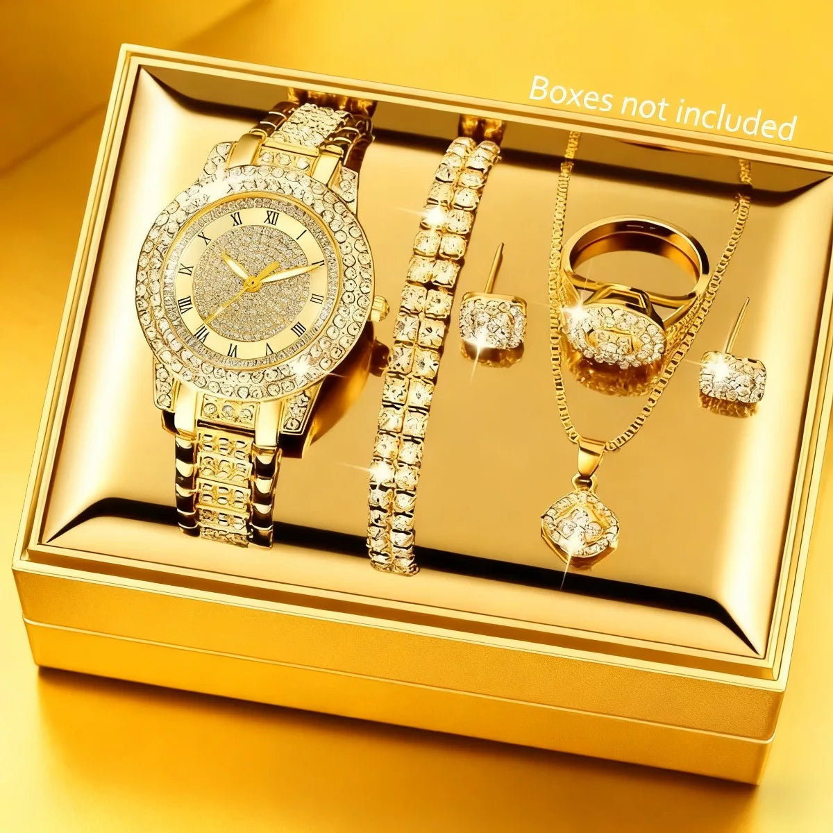 Ladies' Watch Set, 7-piece Set, Fashionable New Ladies' Elegant Quartz Watch, Creative Water Diamond Inlaid Design Jewelry Set Qme Gold
