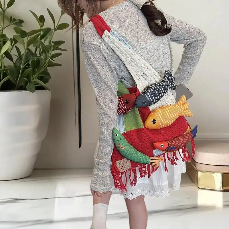 Creative Tassel Knitted Splicing Shoulder Bag Cute Little Fish Tote Qme