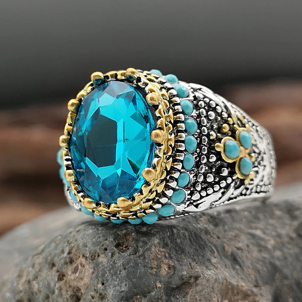 Retro Handmade Turkish Ring for Men Vintage Turquoise Gem Rings Punk 2022 Men's Fashion Jewelry Gifts Qme