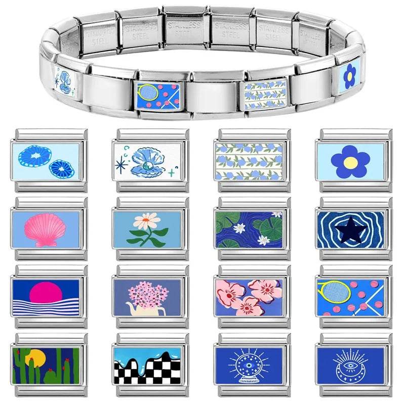 2025 Blue Lotus Leaf Sun Eye Cactus Italian Charm Link 9mm Sliver Modular Bracelet Stainless Steel DIY Gift Jewelry Wholesale Qme