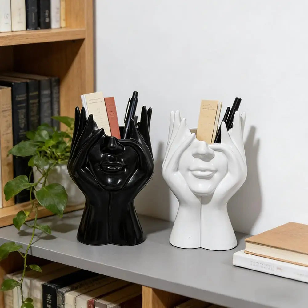 Pen Holder & Desk Decor White Abstract Face Sculpture with Hands, Modern Office Desktop Organizer for Pens, Makeup Brushes Qme