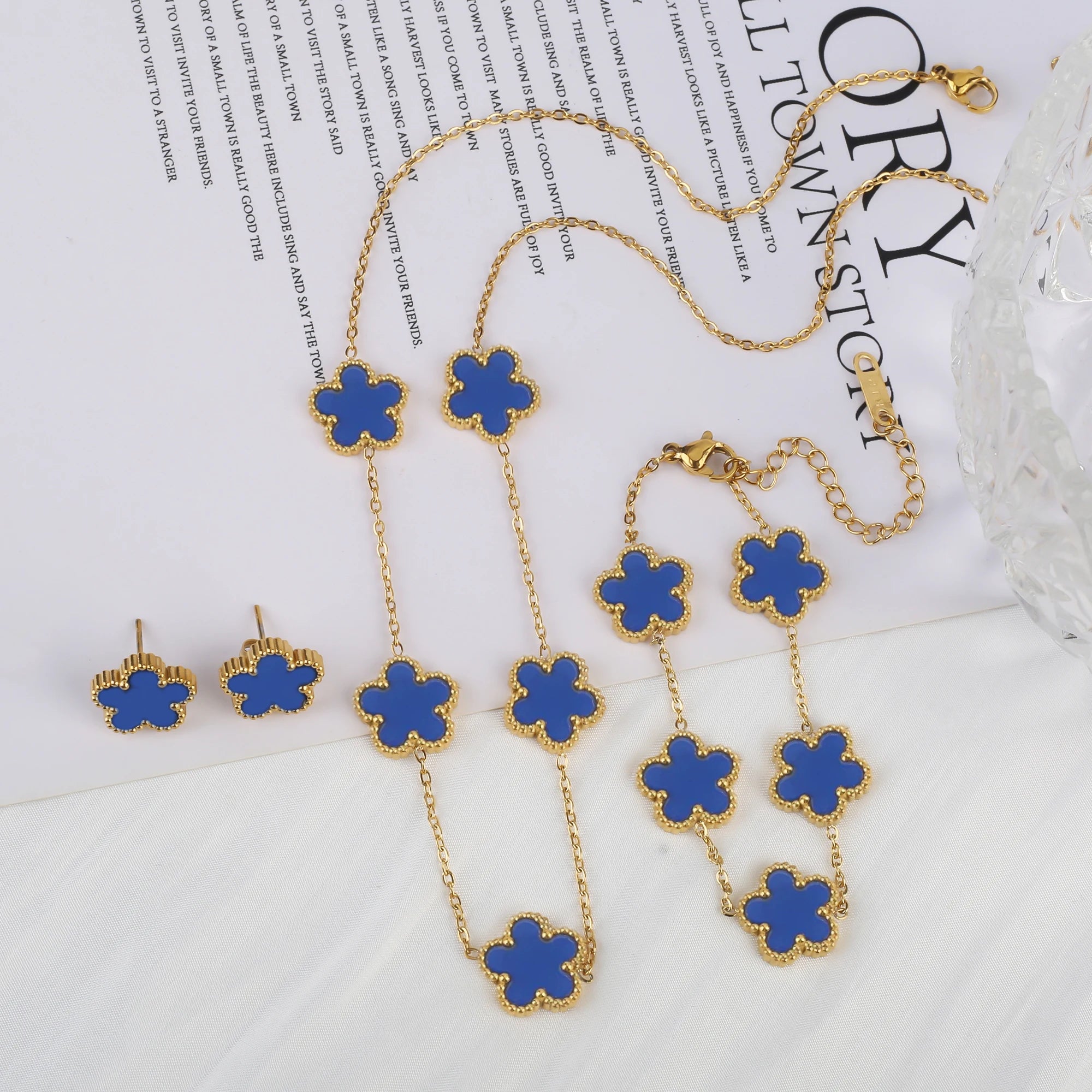 Clover Five Leaf Flower Stainless Steel Bracelet Necklace Earrings Jewelry Set Luxury for Women High Quality Party Jewelry Gift Qme 5