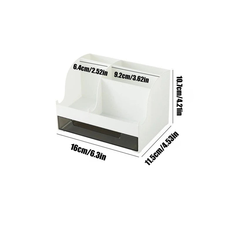 Multi Compartment Desk Organizer with Clear Drawer, Plastic Stationery Storage Caddy Pen Holder for Office School Home Qme